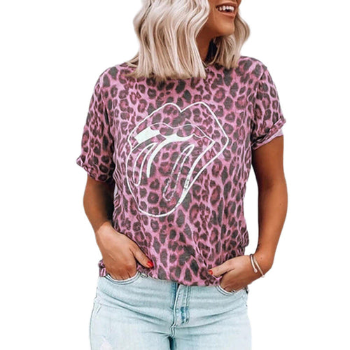Summer New Women's Tops Leopard Lip Print Round Neck Short Sleeve T-Sh
