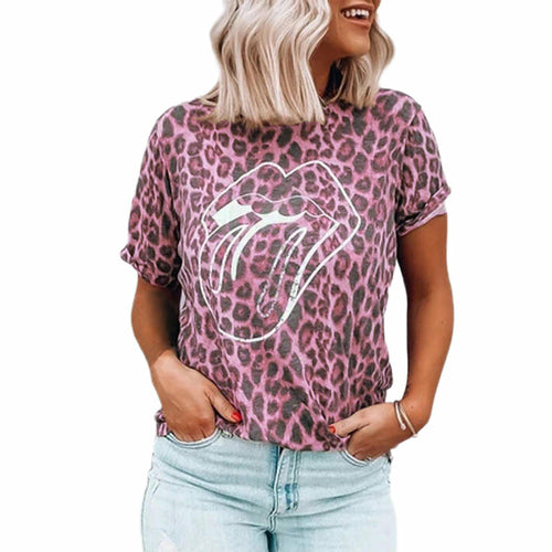 Summer New Women's Tops Leopard Lip Print Round Neck Short Sleeve T-Sh