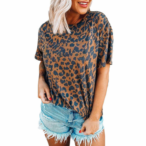 Summer New Women's Tops Leopard Lip Print Round Neck Short Sleeve T-Sh