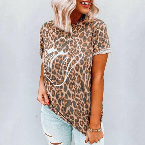 Summer New Women's Tops Leopard Lip Print Round Neck Short Sleeve T-Sh