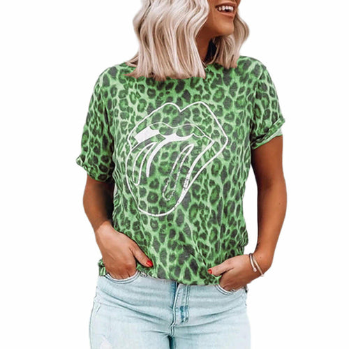 Summer New Women's Tops Leopard Lip Print Round Neck Short Sleeve T-Sh