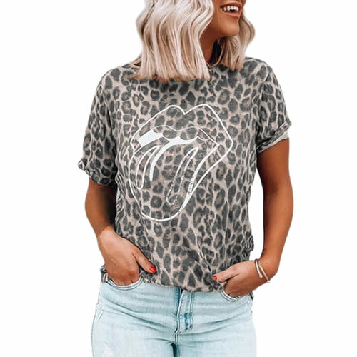 Summer New Women's Tops Leopard Lip Print Round Neck Short Sleeve T-Sh