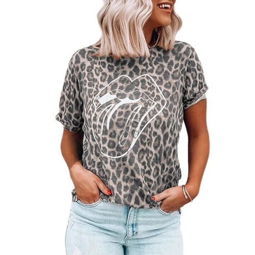 Summer New Women's Tops Leopard Lip Print Round Neck Short Sleeve T-Sh